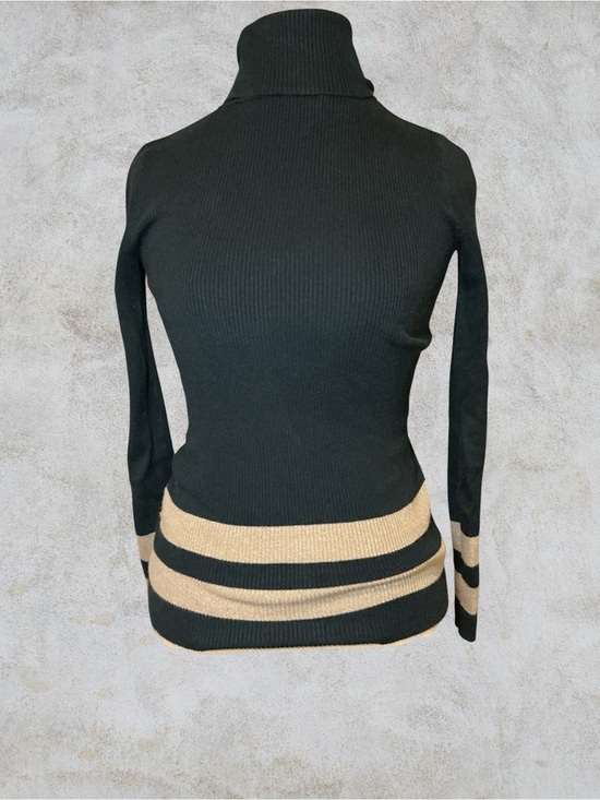 Ralph Lauren Sweaters - Black & Beige Striped Turtleneck Sweater - Women's Ribbed Knit